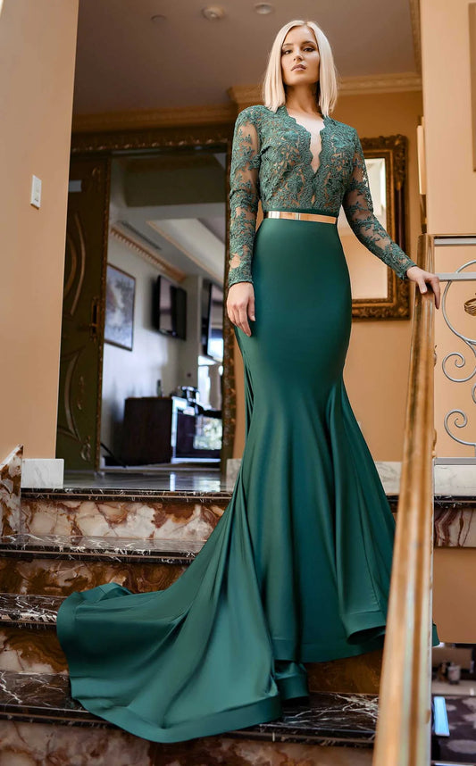 Neyom -  Long Sleeve Lace Evening Gown - 534