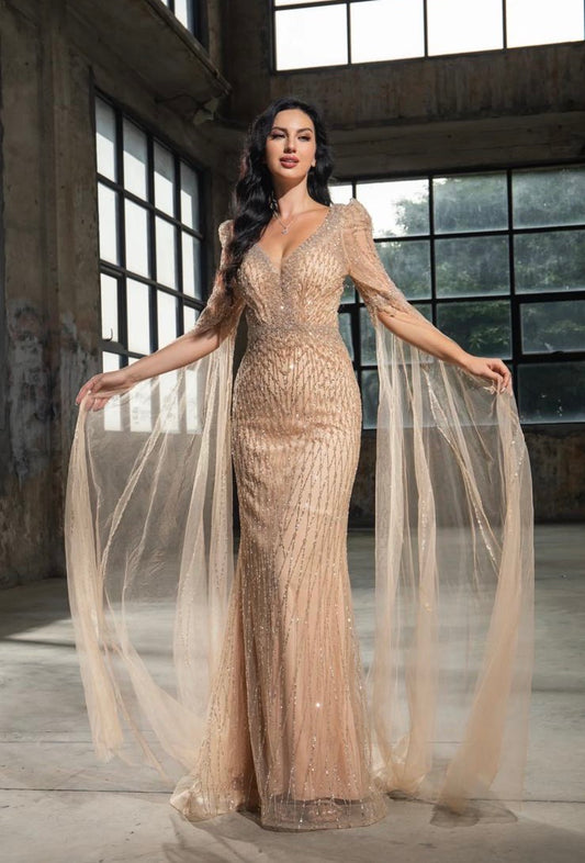 Neyom - Beaded Dress With V-Neckline, Long Sleeves Gown - 26153