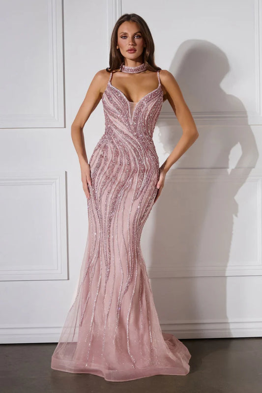 La Divine- Sleeveless, Thin beaded straps, Plunging neckline, Beaded Choker, Mid-open Back, Sweep train - CD719