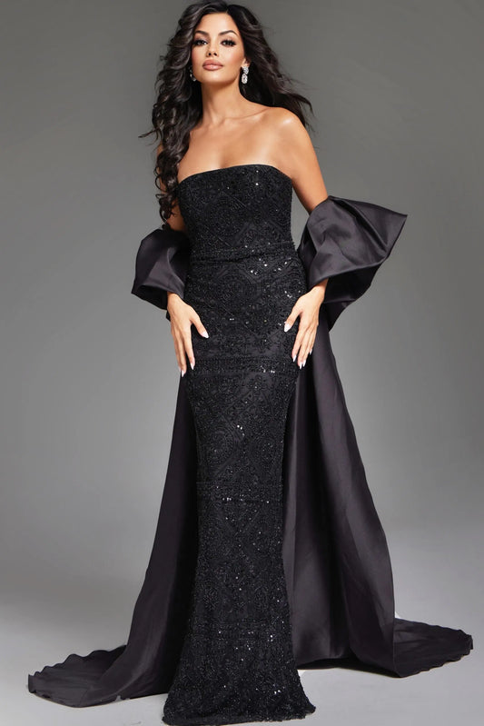 Strapless Black Beaded Gown with Voluminous Satin Drape Style 42137